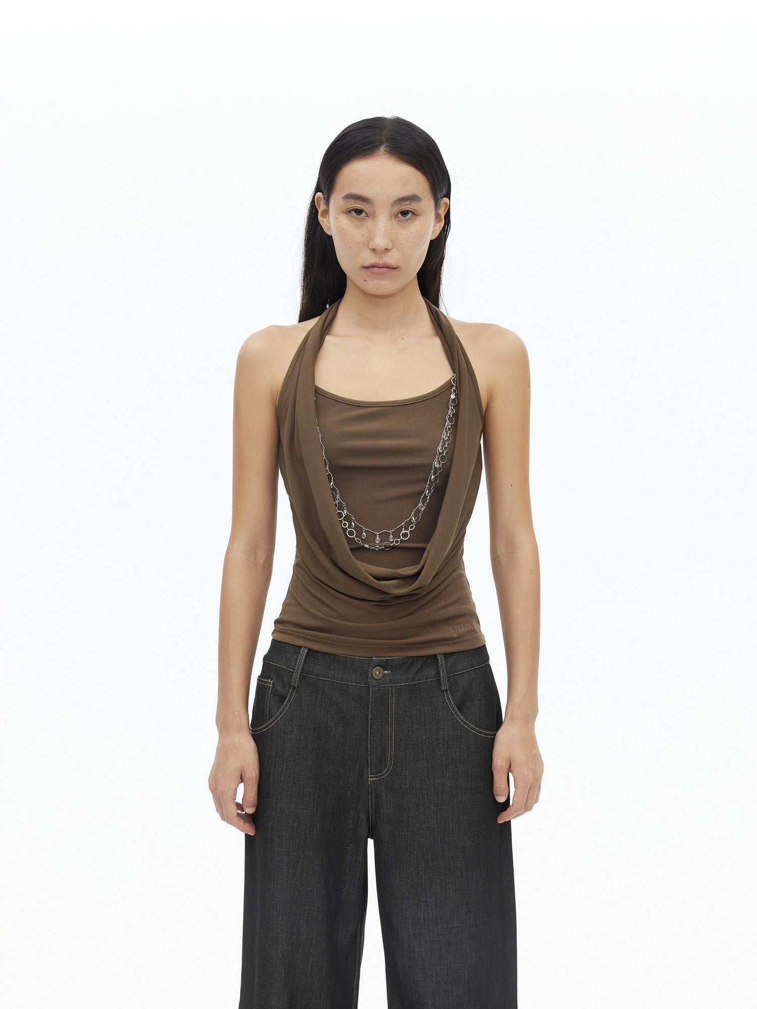 AFTADAWN Draped Cowl Neck Removable Chain Faux Two Piece Women&