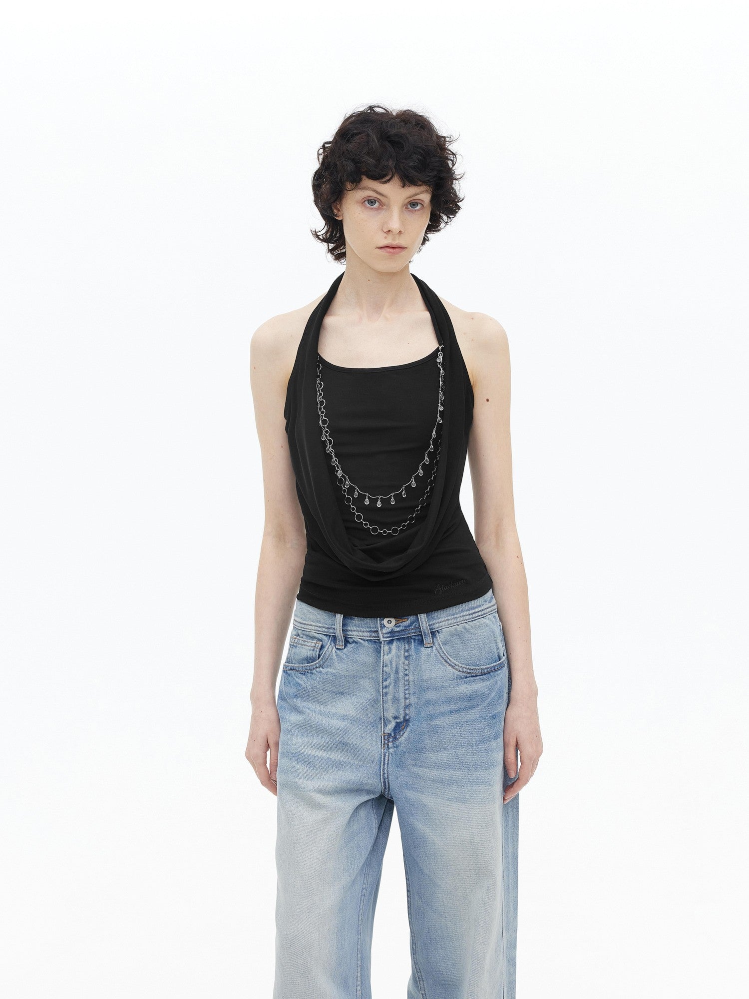 AFTADAWN Draped Cowl Neck Removable Chain Faux Two Piece Women&
