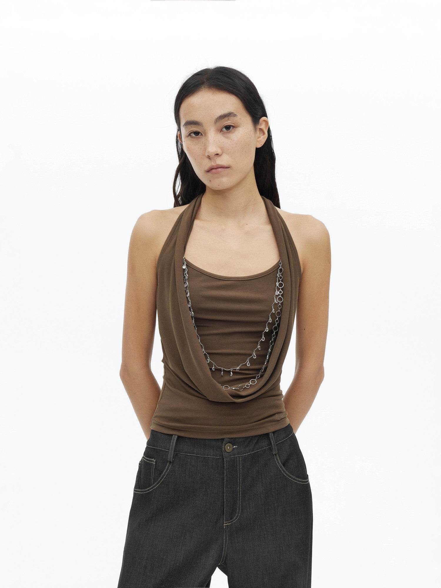 AFTADAWN Draped Cowl Neck Removable Chain Faux Two Piece Women&