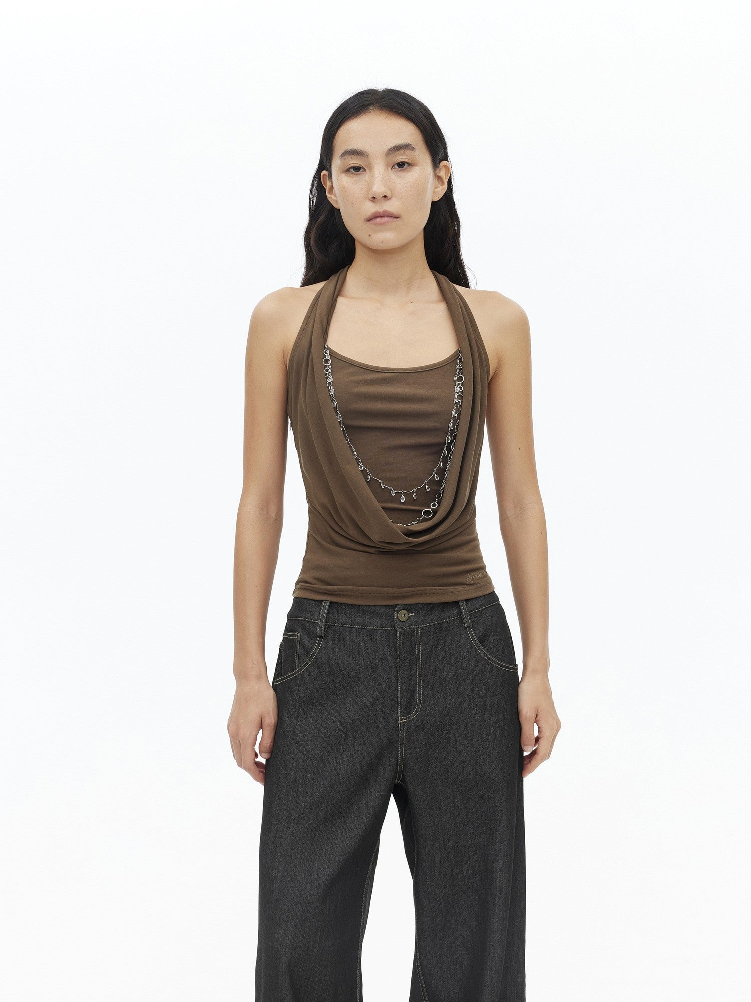 AFTADAWN Draped Cowl Neck Removable Chain Faux Two Piece Women&