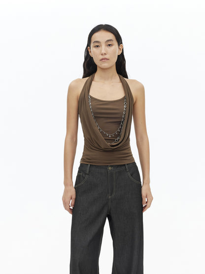 AFTADAWN Draped Cowl Neck Removable Chain Faux Two Piece Women&