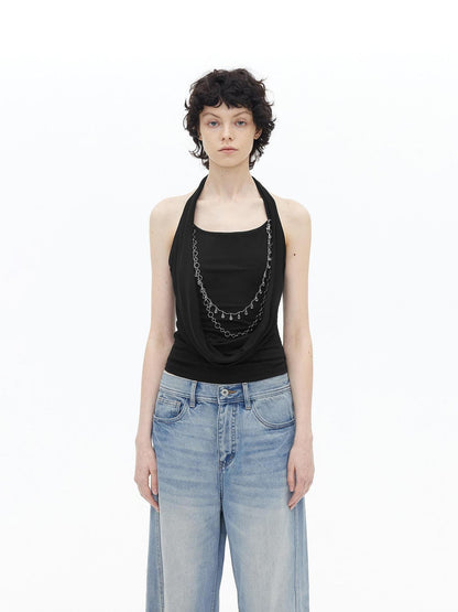 AFTADAWN Draped Cowl Neck Removable Chain Faux Two Piece Women&