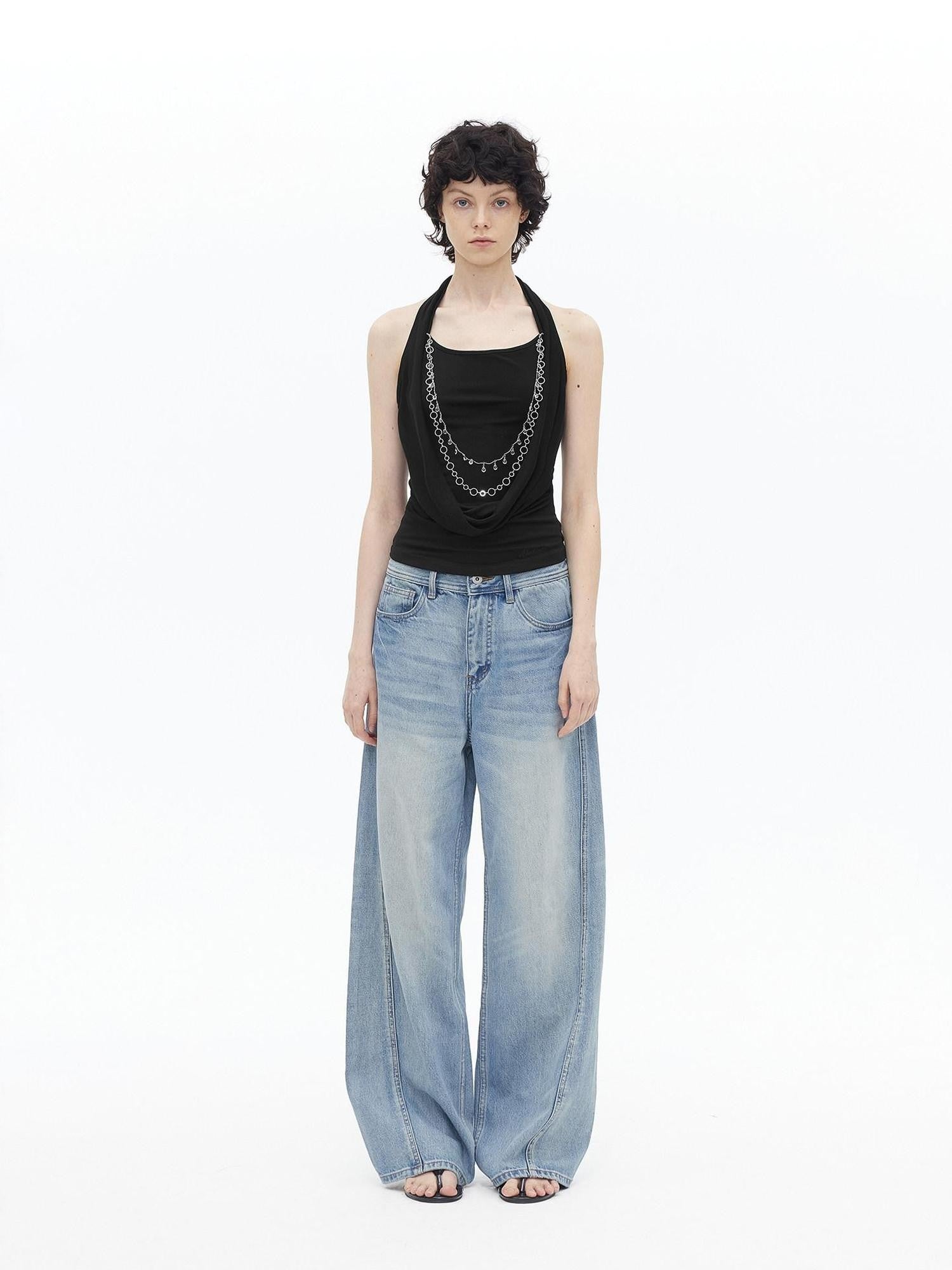 AFTADAWN Draped Cowl Neck Removable Chain Faux Two Piece Women&