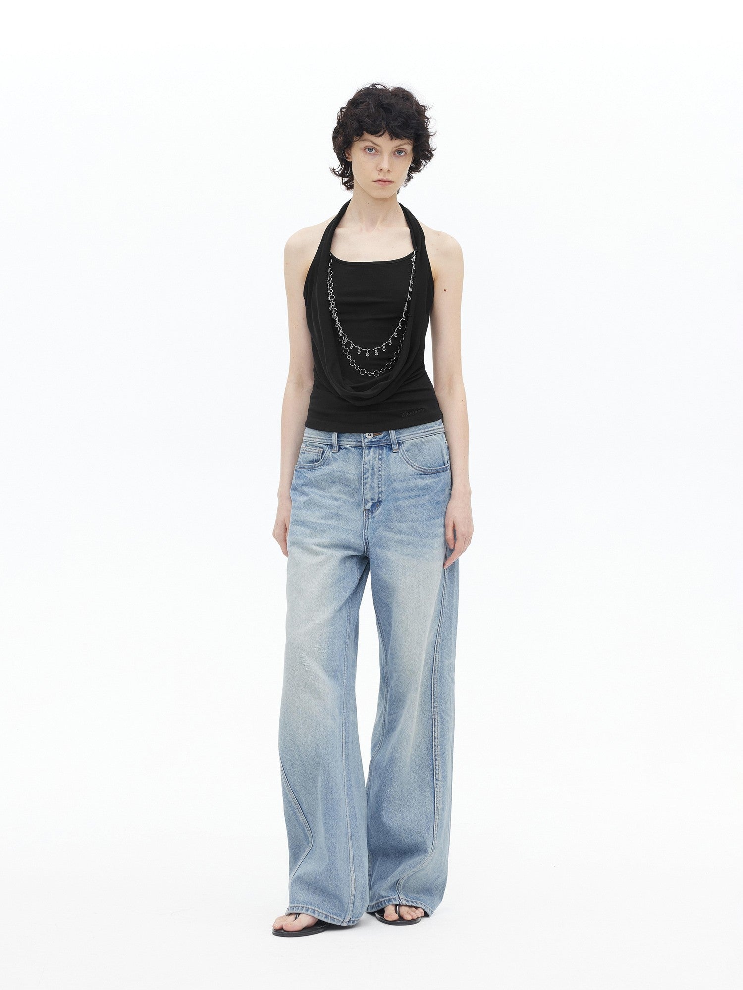 AFTADAWN Draped Cowl Neck Removable Chain Faux Two Piece Women&