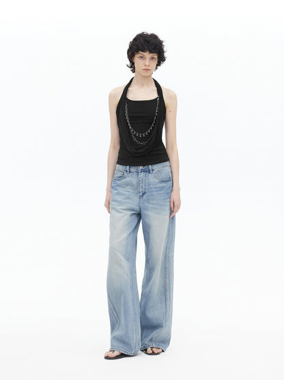 AFTADAWN Draped Cowl Neck Removable Chain Faux Two Piece Women&