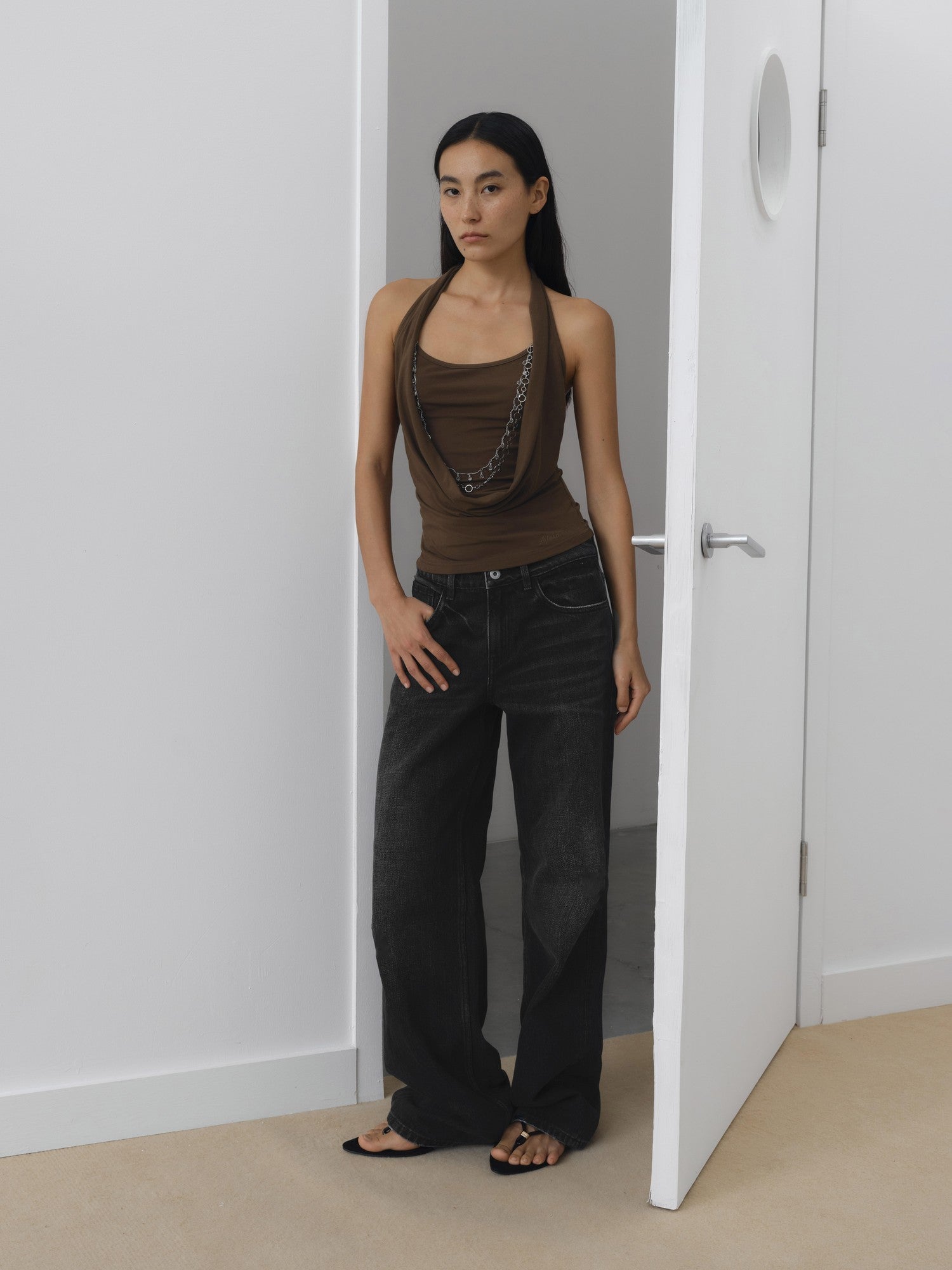 AFTADAWN Draped Cowl Neck Removable Chain Faux Two Piece Women&