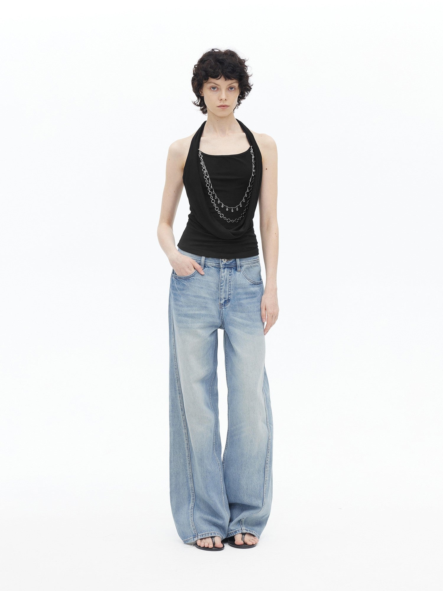 AFTADAWN Draped Cowl Neck Removable Chain Faux Two Piece Women&