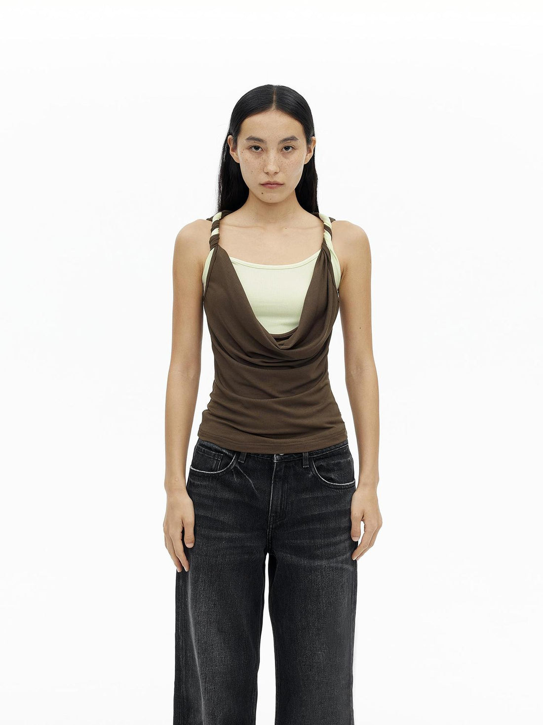 AFTADAWN Draped Mock Neck Knotted Strap Camisole Top