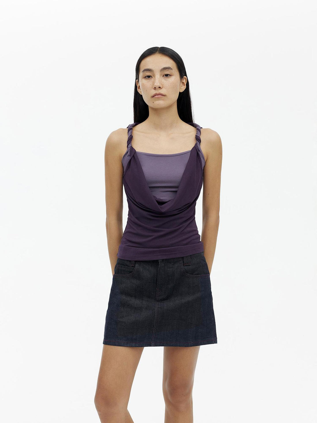 AFTADAWN Draped Mock Neck Knotted Strap Camisole Top