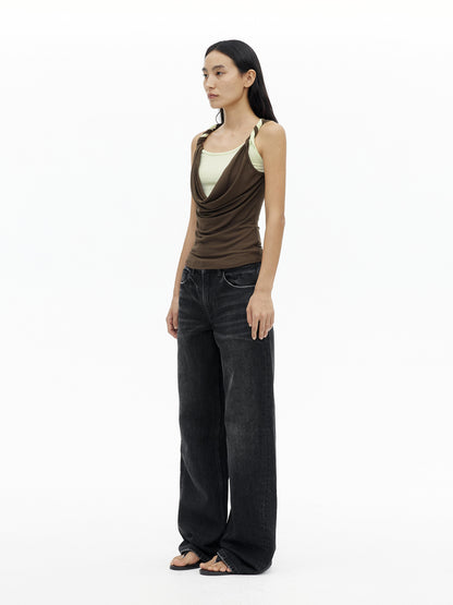 AFTADAWN Draped Mock Neck Knotted Strap Camisole Top
