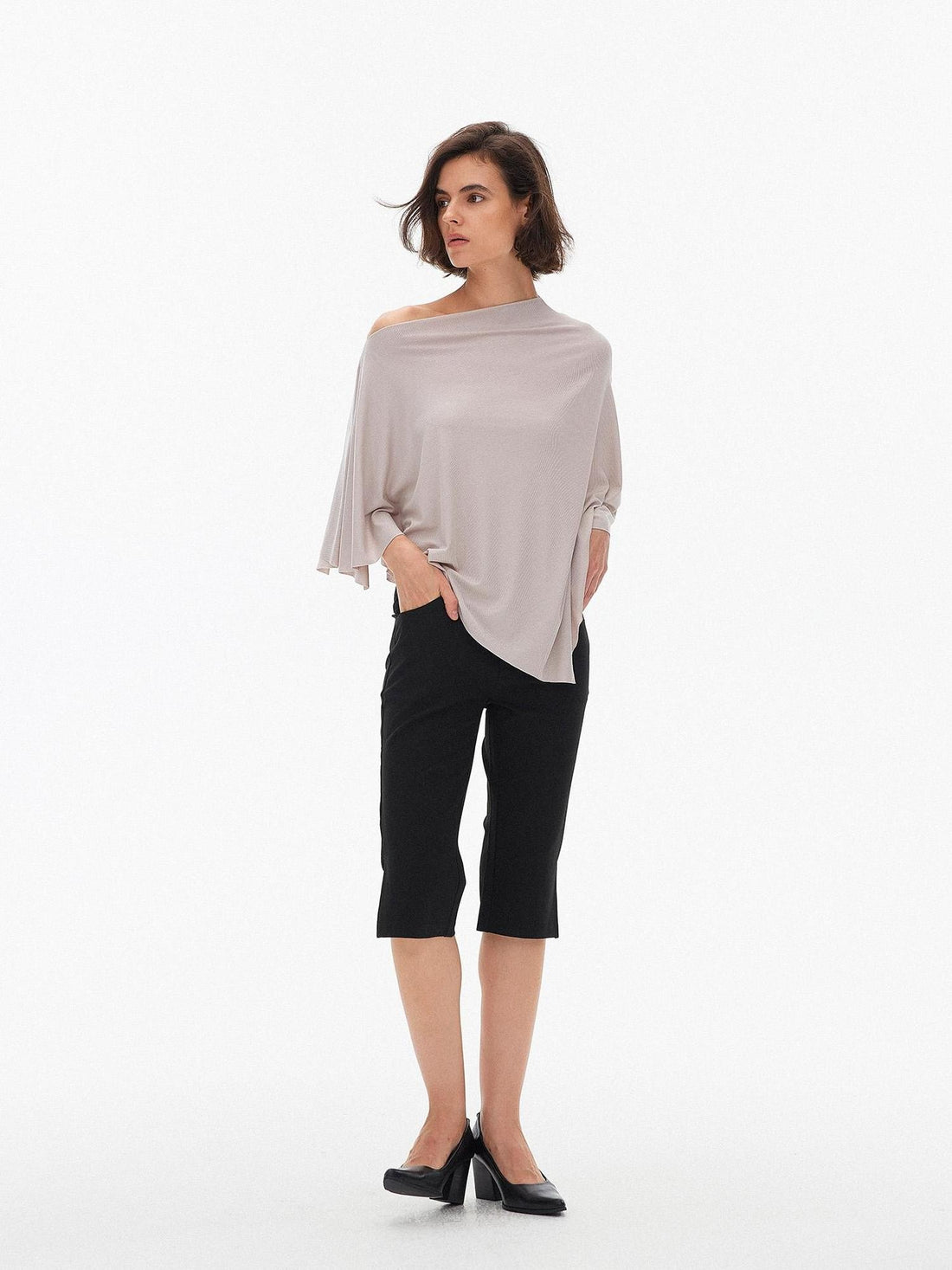 AFTADAWN Draped One Shoulder Batwing Sleeve Solid Loose Fit Lyocell Women&