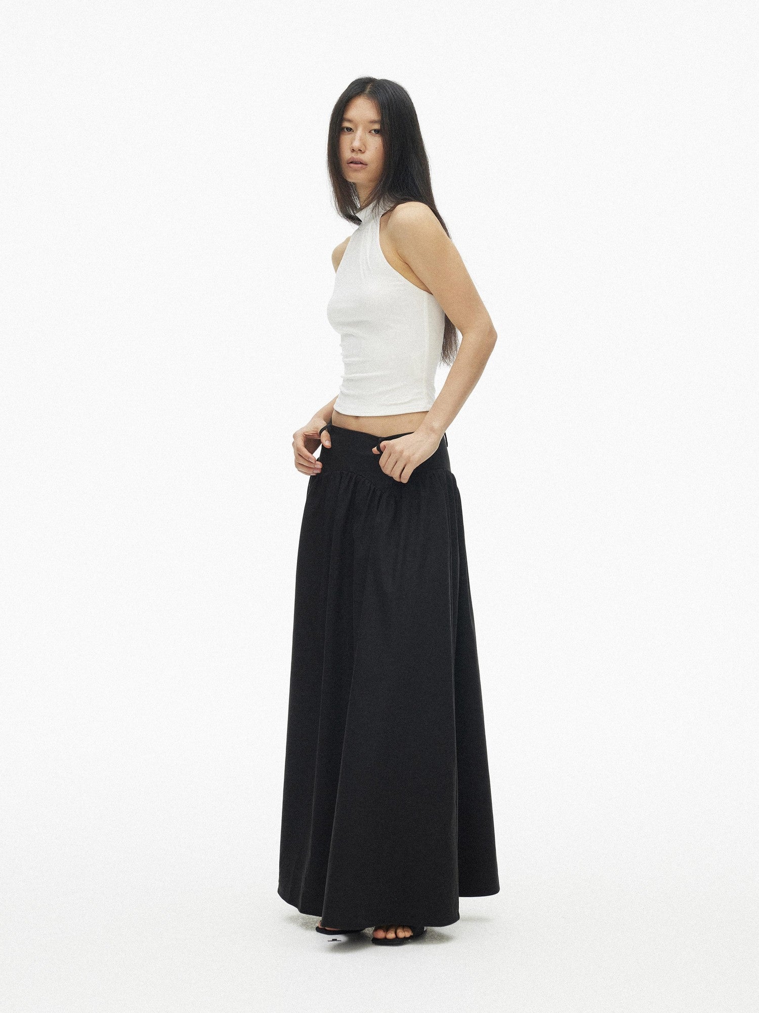AFTADAWN Drapey Pleated Flared Low Waist Side Zipper Women&