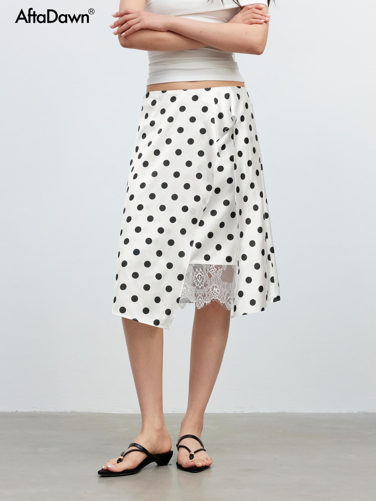 AFTADAWN Drapey Satin Polka Dot Lace Patchwork Asymmetric Women&