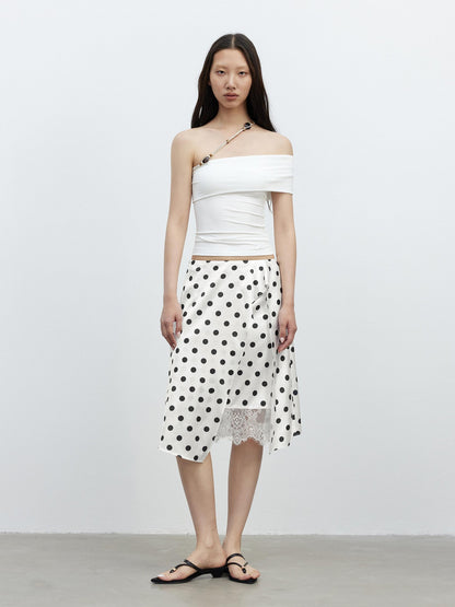 AFTADAWN Drapey Satin Polka Dot Lace Patchwork Asymmetric Women&