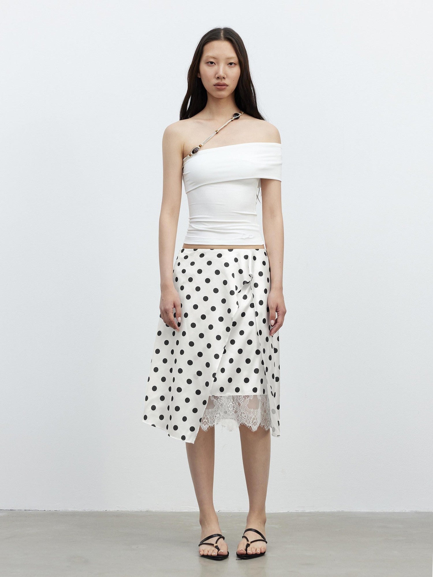 AFTADAWN Drapey Satin Polka Dot Lace Patchwork Asymmetric Women&