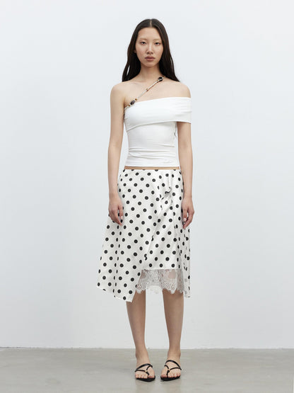 AFTADAWN Drapey Satin Polka Dot Lace Patchwork Asymmetric Women&