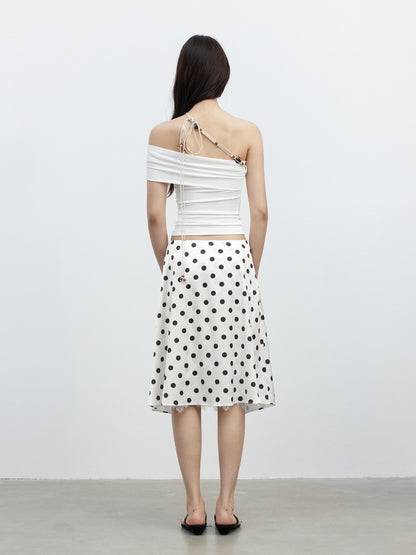 AFTADAWN Drapey Satin Polka Dot Lace Patchwork Asymmetric Women&
