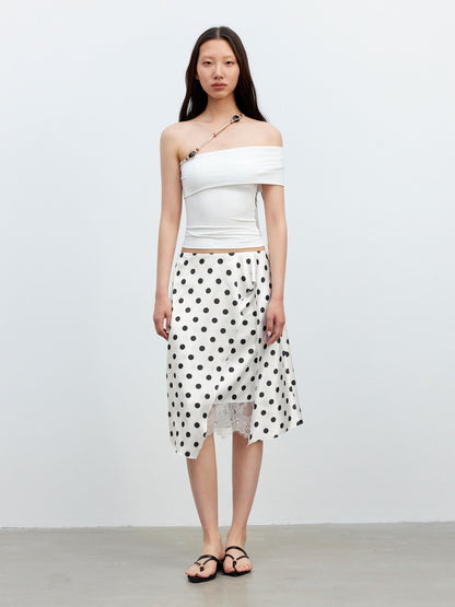 AFTADAWN Drapey Satin Polka Dot Lace Patchwork Asymmetric Women&