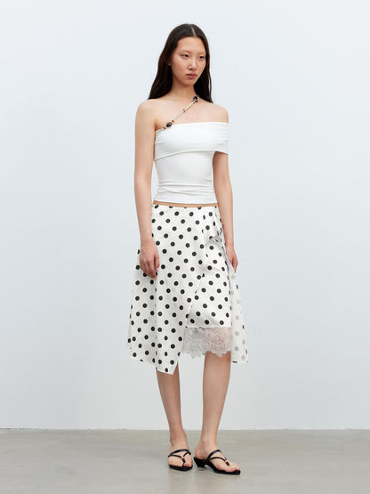 AFTADAWN Drapey Satin Polka Dot Lace Patchwork Asymmetric Women&