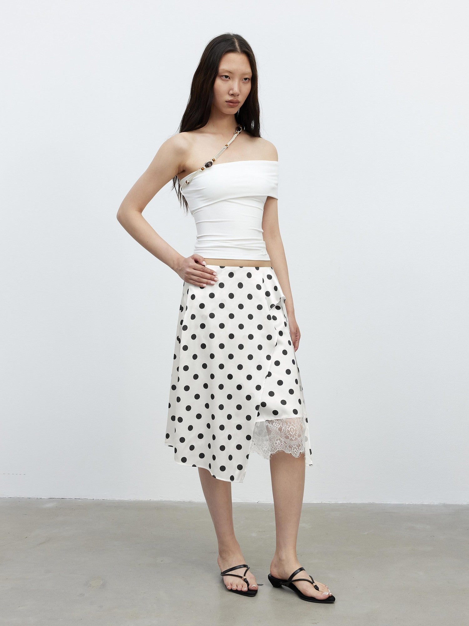 AFTADAWN Drapey Satin Polka Dot Lace Patchwork Asymmetric Women&