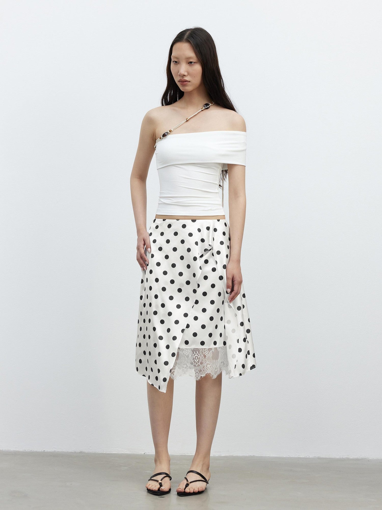 AFTADAWN Drapey Satin Polka Dot Lace Patchwork Asymmetric Women&