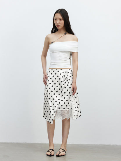 AFTADAWN Drapey Satin Polka Dot Lace Patchwork Asymmetric Women&