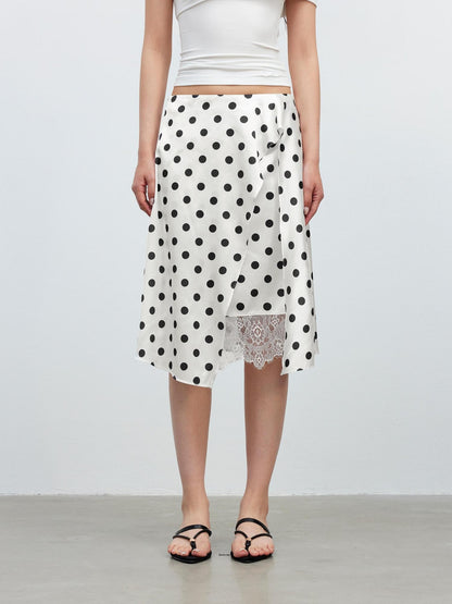 AFTADAWN Drapey Satin Polka Dot Lace Patchwork Asymmetric Women&