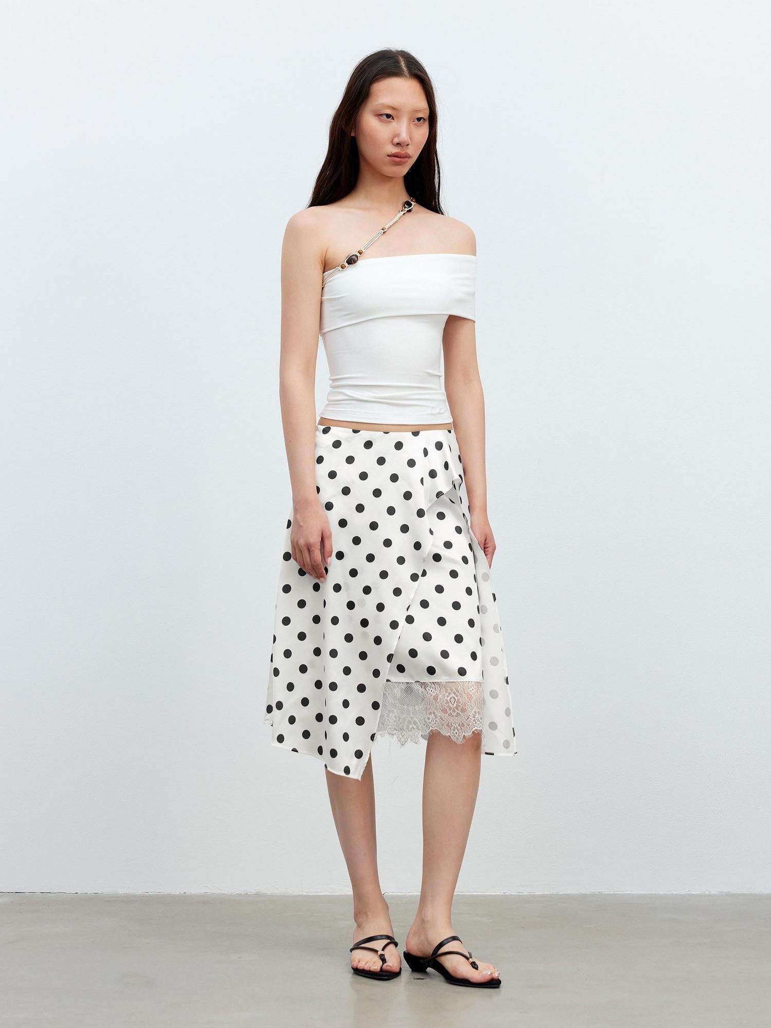 AFTADAWN Drapey Satin Polka Dot Lace Patchwork Asymmetric Women&