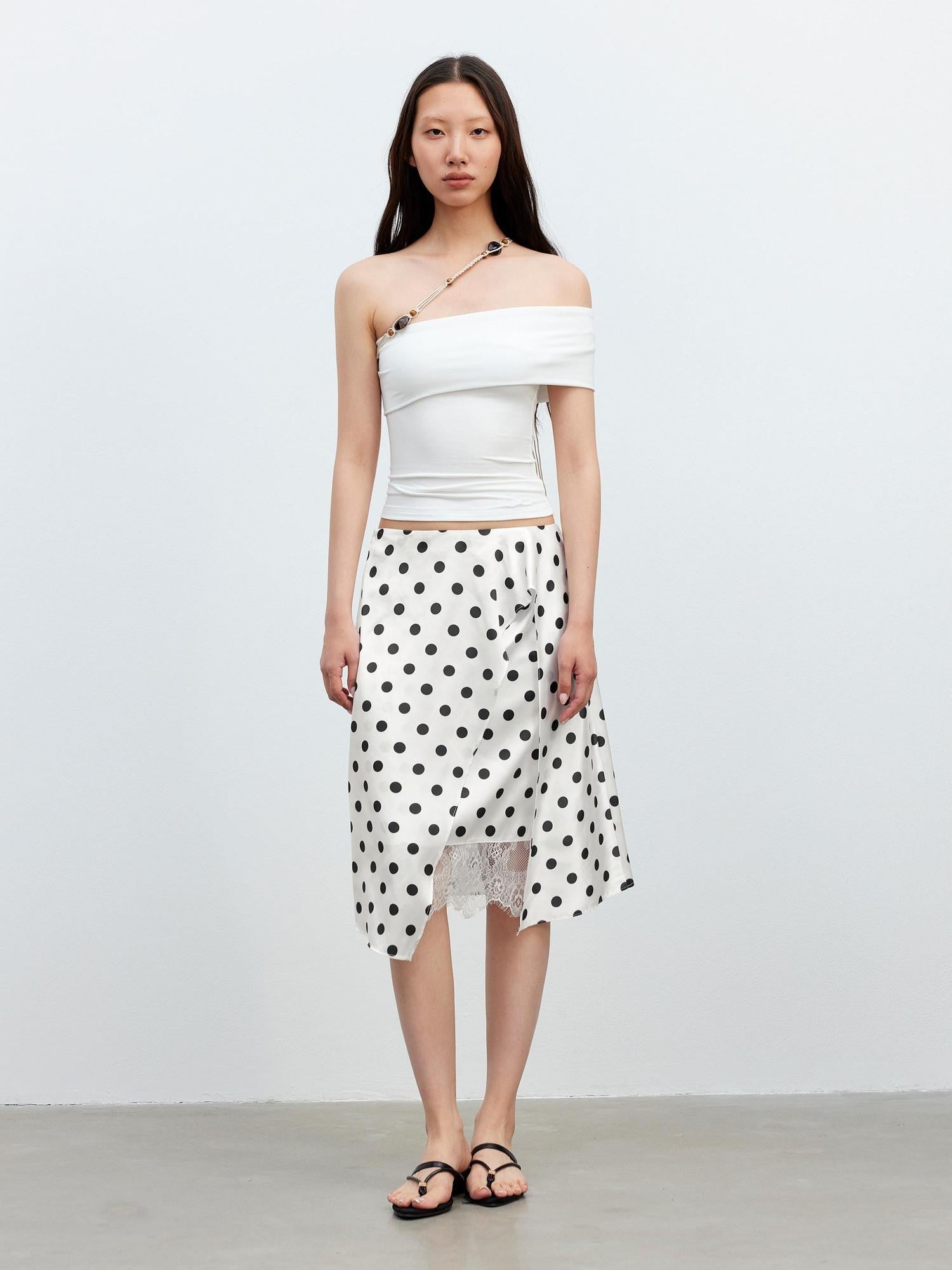 AFTADAWN Drapey Satin Polka Dot Lace Patchwork Asymmetric Women&