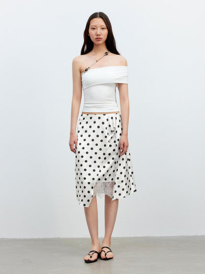 AFTADAWN Drapey Satin Polka Dot Lace Patchwork Asymmetric Women&
