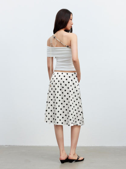 AFTADAWN Drapey Satin Polka Dot Lace Patchwork Asymmetric Women&