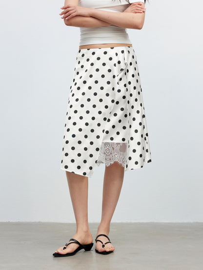 AFTADAWN Drapey Satin Polka Dot Lace Patchwork Asymmetric Women&