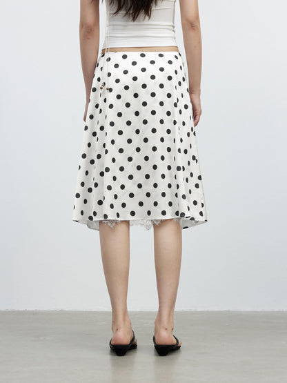 AFTADAWN Drapey Satin Polka Dot Lace Patchwork Asymmetric Women&