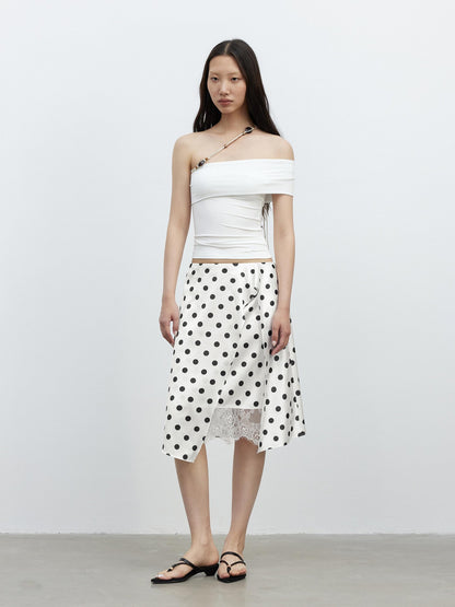 AFTADAWN Drapey Satin Polka Dot Lace Patchwork Asymmetric Women&