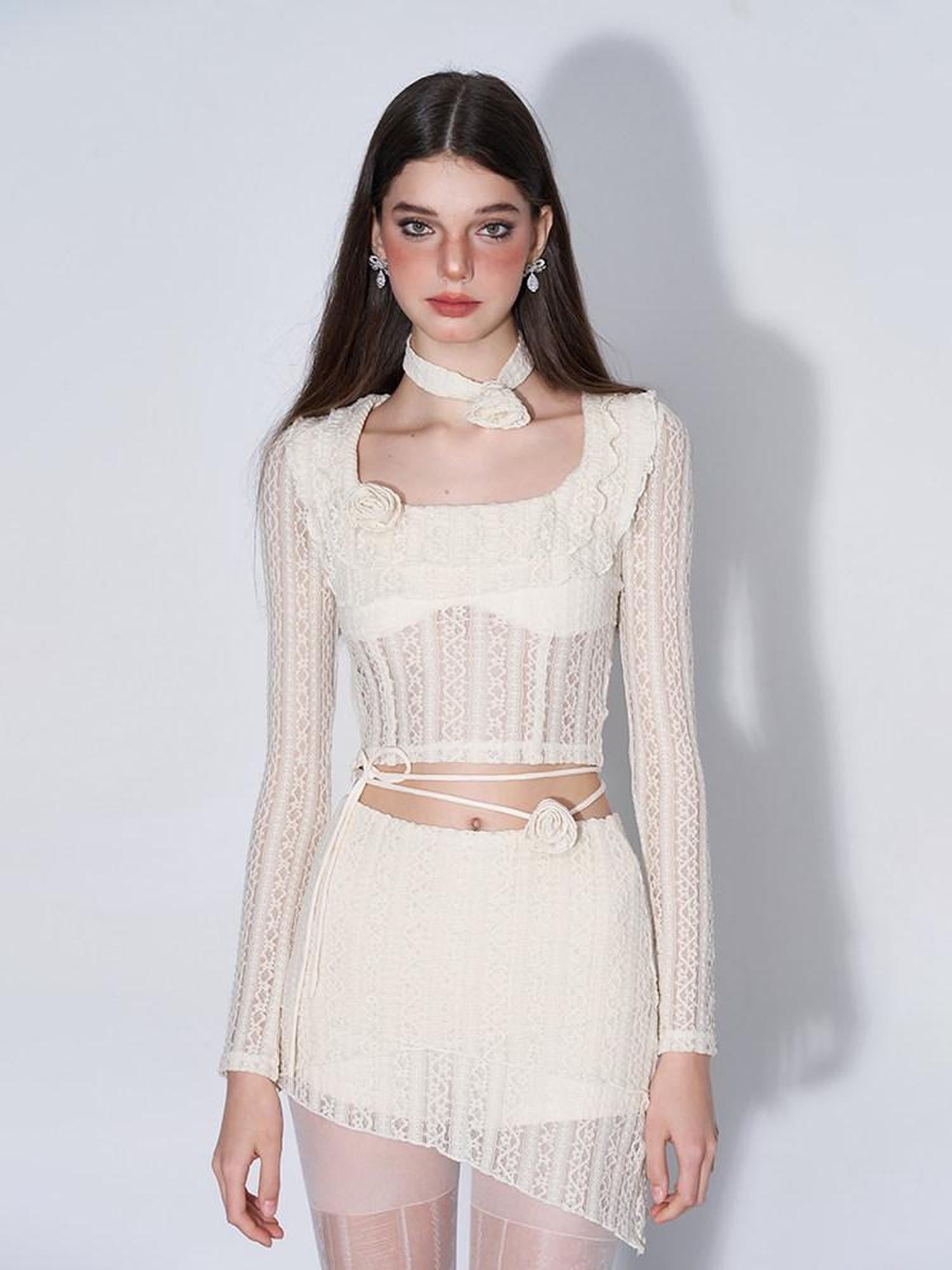 AFTADAWN Eden Rose Lace Square Neck Cropped Women&