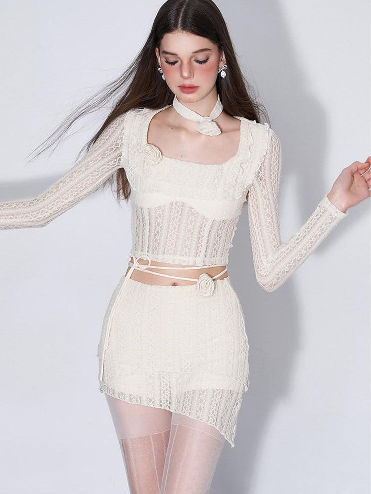 AFTADAWN Eden Rose Lace Square Neck Cropped Women&