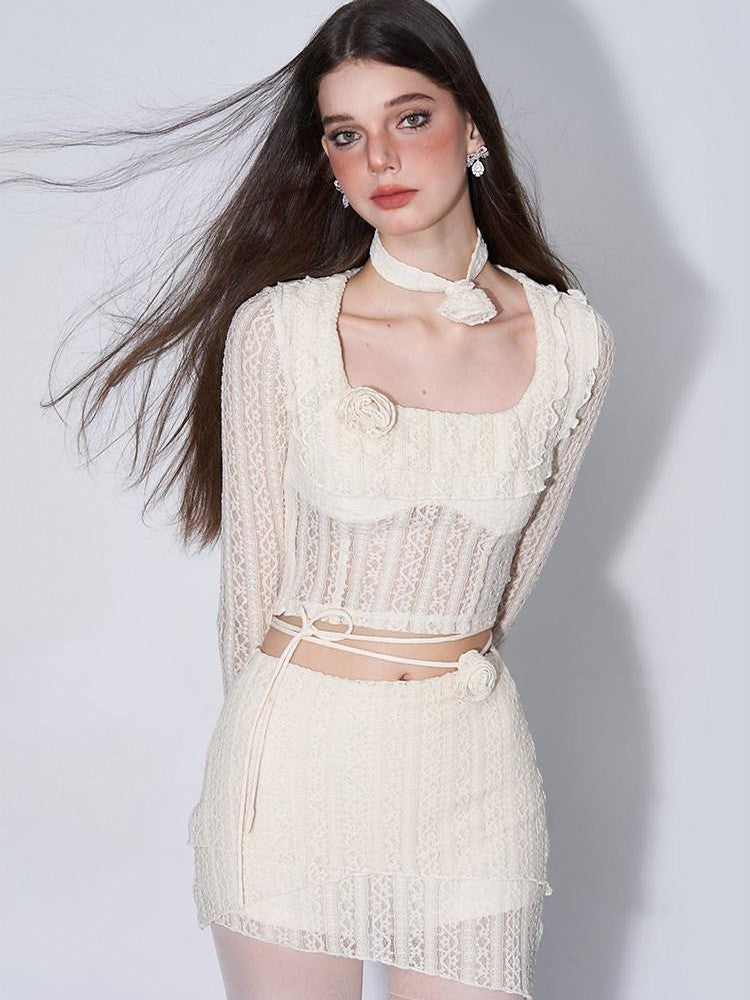 AFTADAWN Eden Rose Lace Square Neck Cropped Women&
