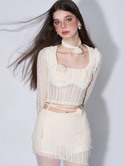 AFTADAWN Eden Rose Lace Square Neck Cropped Women&