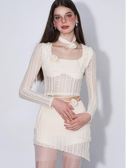 AFTADAWN Eden Rose Lace Square Neck Cropped Women&