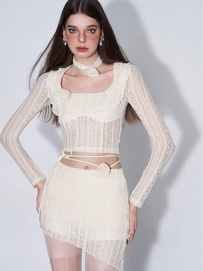 AFTADAWN Eden Rose Lace Square Neck Cropped Women&