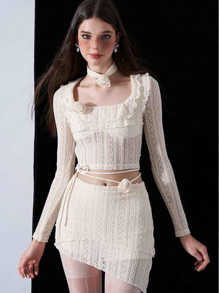 AFTADAWN Eden Rose Lace Square Neck Cropped Women&
