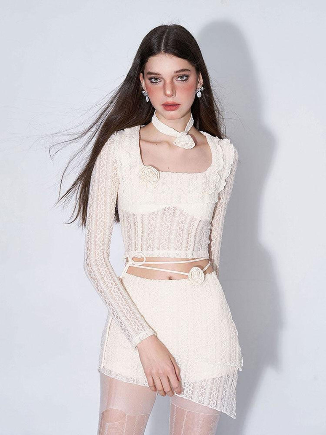 AFTADAWN Eden Rose Lace Square Neck Cropped Women&