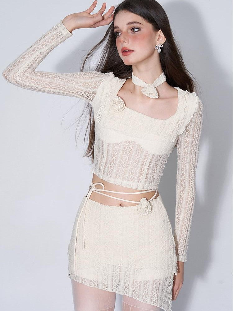AFTADAWN Eden Rose Lace Square Neck Cropped Women&