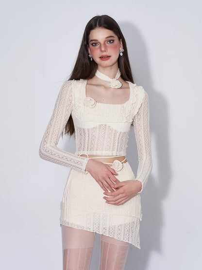 AFTADAWN Eden Rose Lace Top Skirt Set V-neck T-shirt Long Sleeve