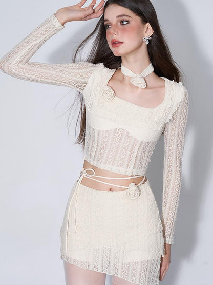 AFTADAWN Eden Rose Lace Top Skirt Set V-neck T-shirt Long Sleeve