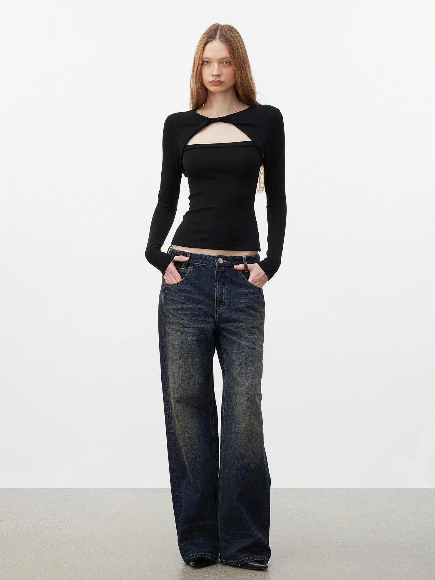 AFTADAWN Elastic Hollow Knot Twist Layered Slim Fit Long Sleeve V-neck Top T-shirt