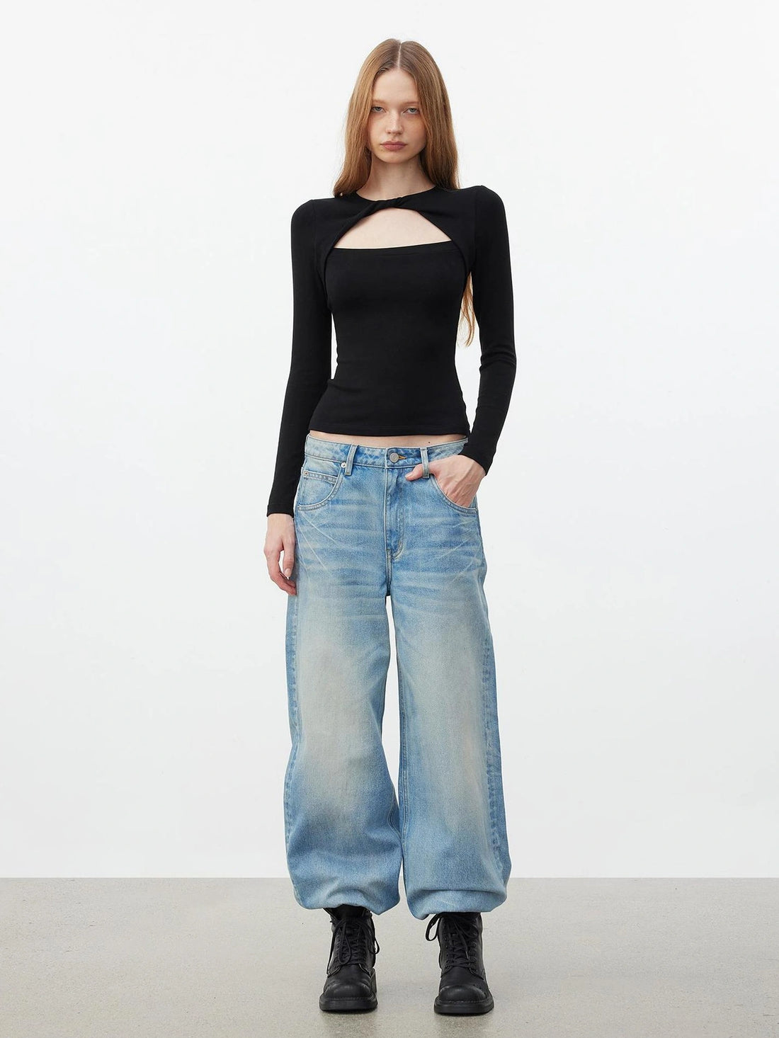 AFTADAWN Elastic Hollow Knot Twist Layered Slim Fit Long Sleeve V-neck Top T-shirt