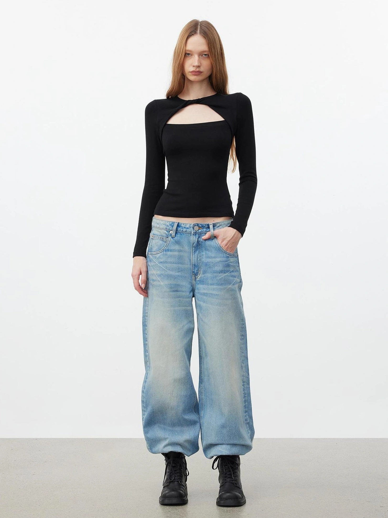 AFTADAWN Elastic Hollow Knot Twist Layered Slim Fit Long Sleeve V-neck Top T-shirt