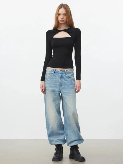 AFTADAWN Elastic Hollow Knot Twist Layered Slim Fit Long Sleeve V-neck Top T-shirt