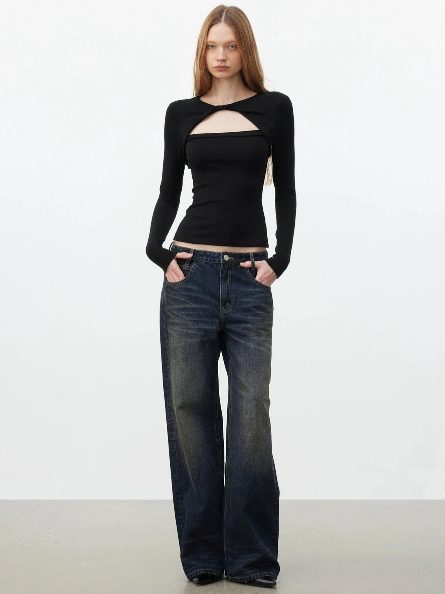 AFTADAWN Elastic Hollow Knot Twist Layered Slim Fit Long Sleeve V-neck Top T-shirt